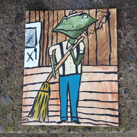 Frog Sweeping Porch Painting Folk Art Original - Picture 5 of 10